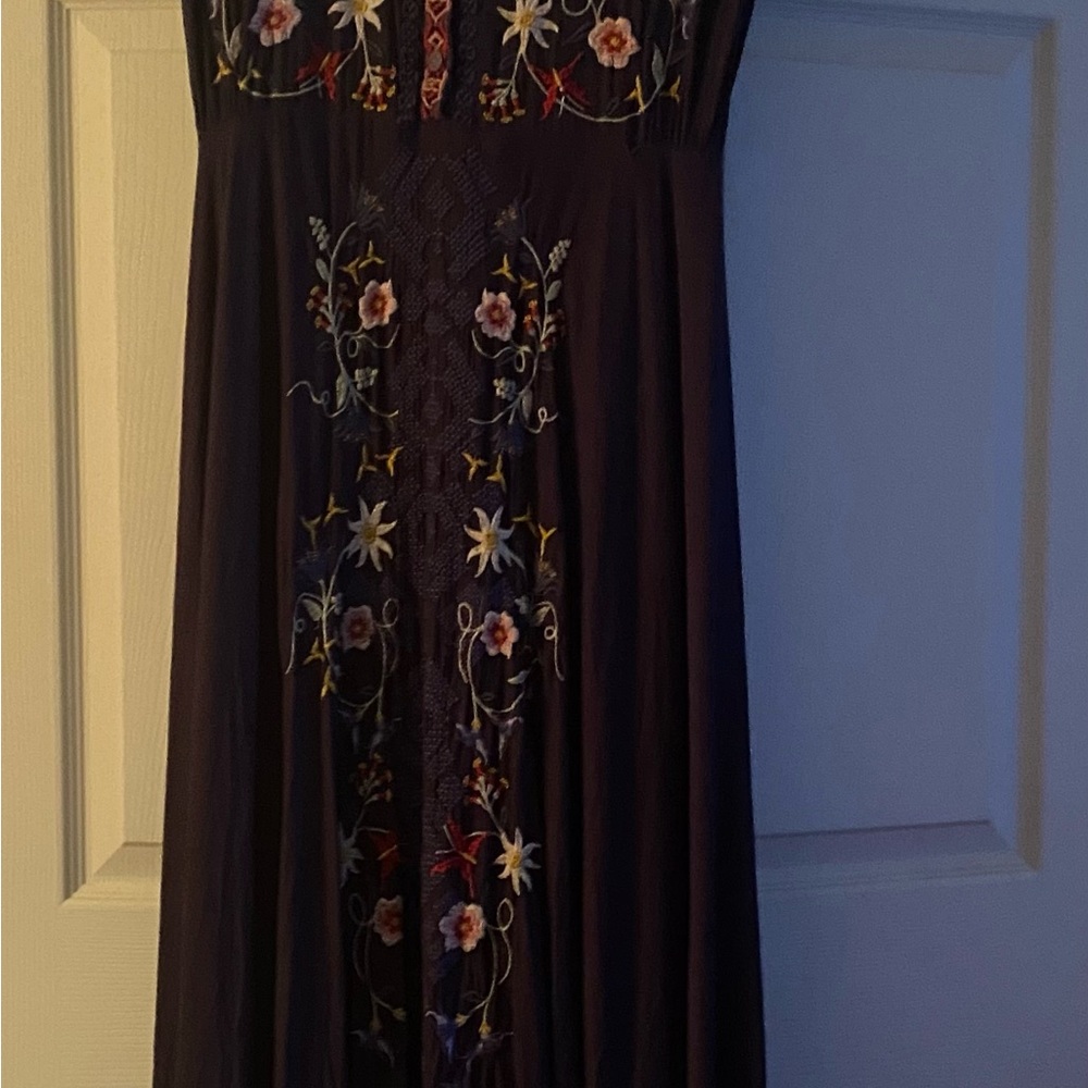 Johnny Was Mariposa navy embroidered floral stretch challis midi dress